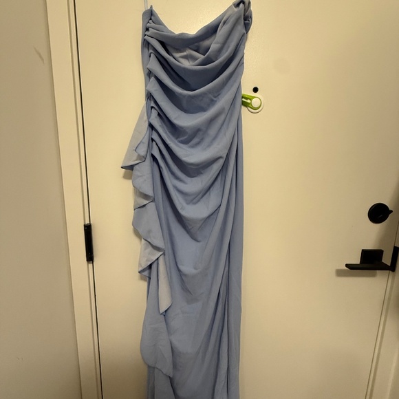 Sleeveless Strapless Sexy Ruched High Slit Ruffled Tie Wrap Long Baby Blue Dress - Picture 4 of 4